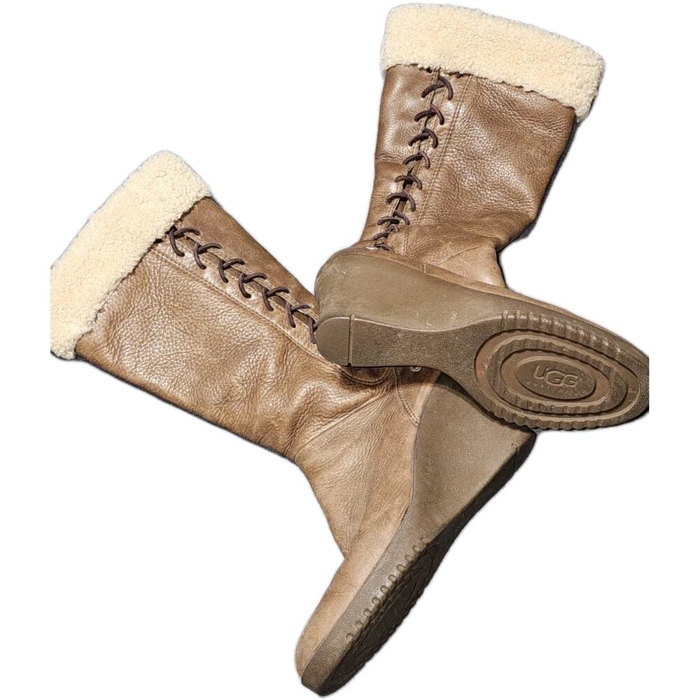 Ugg Boots Womens 7 Brown Leather Wedge Sheepskin Mid Calf Platform Boots - Picture 10 of 10